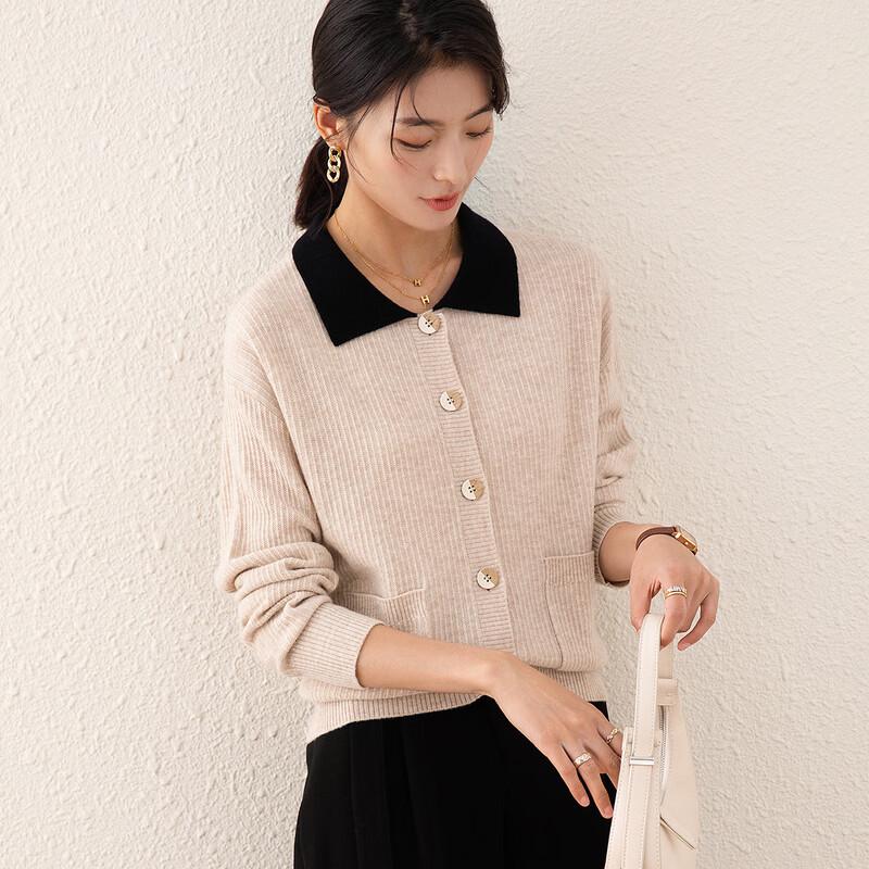 TUHUANG Women's Thick Pure Wool Color-Block Lapel Pocket Sweater