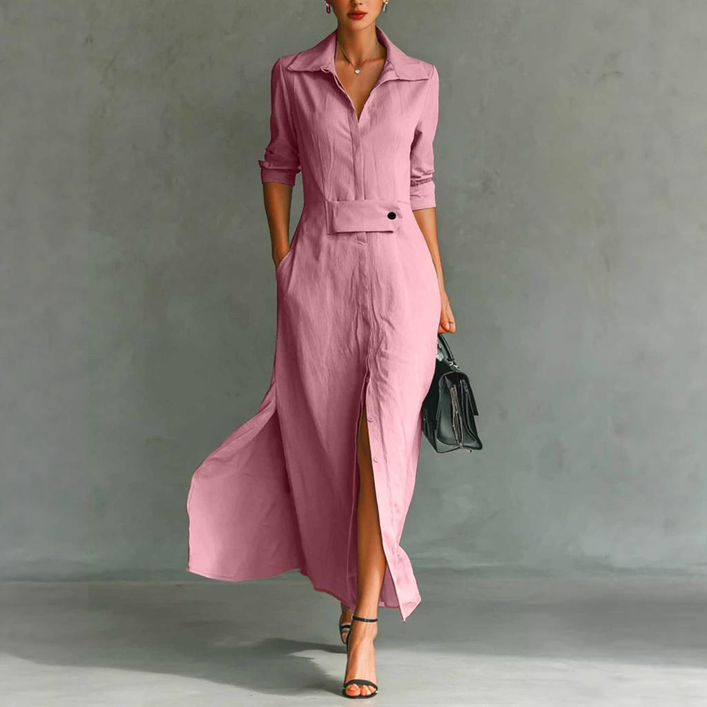 Women's Fashionable Color Lapel Long Sleeved Hem Slit Casual Shirt Dress