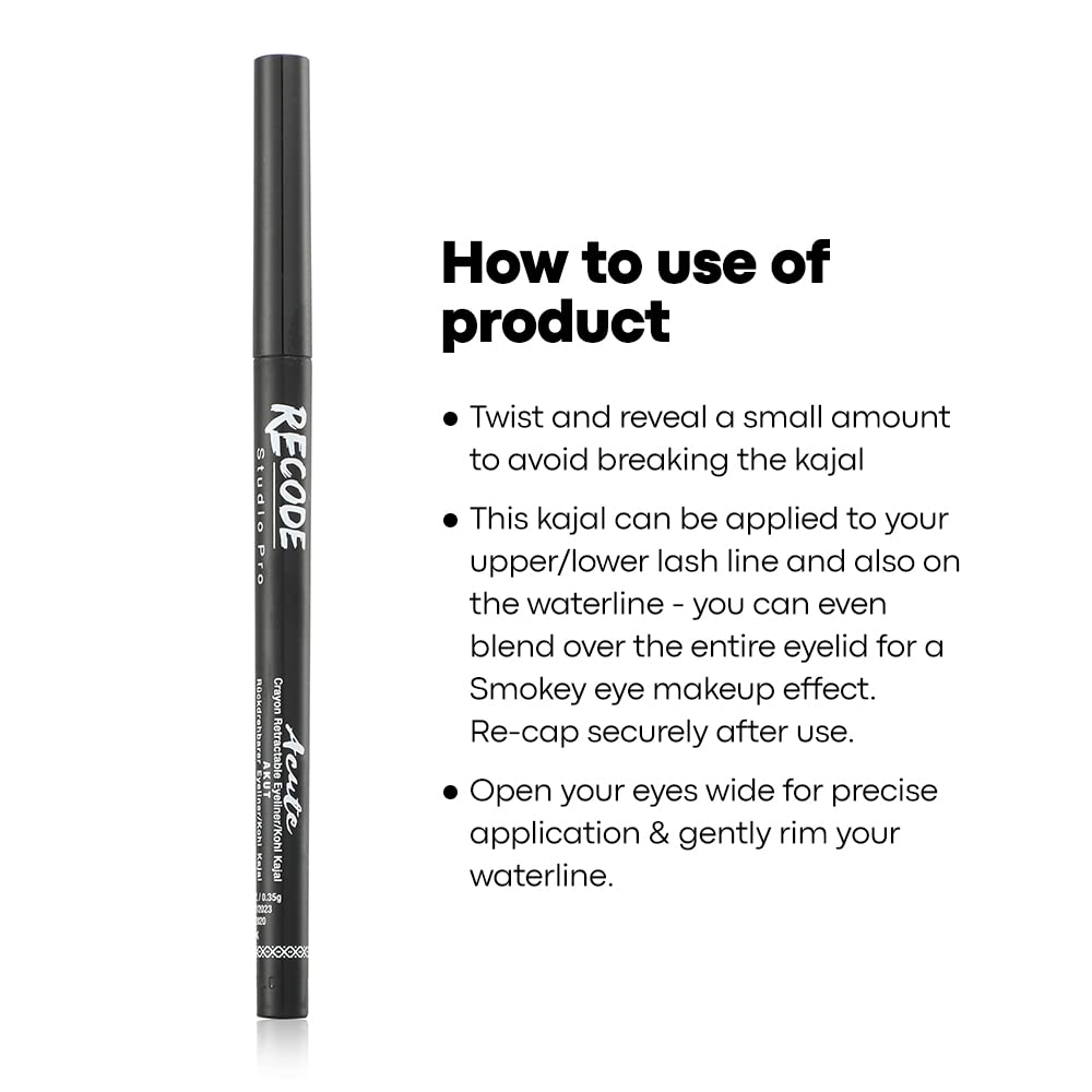 Crayon eye-liner noir Recode Acute Kajal, formule waterproof et anti-bavures, noir, 0,35 g