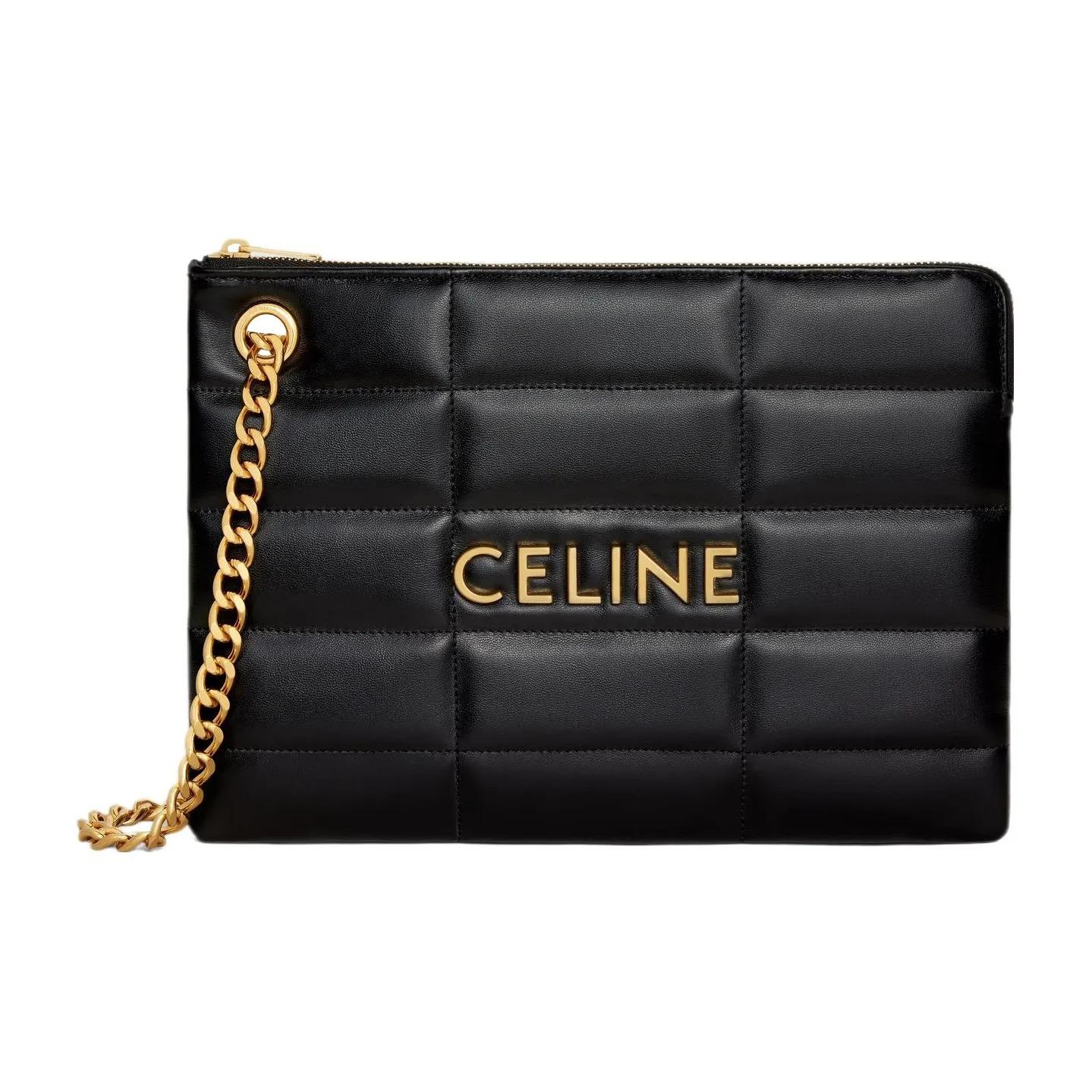 

CELINE Чорна шкіряна сумка-клатч на ланцюжку з золотим логотипом і стьобанням, маленького розміру, з верхньою ручкою Basic Set (Bag + Dust Bag)