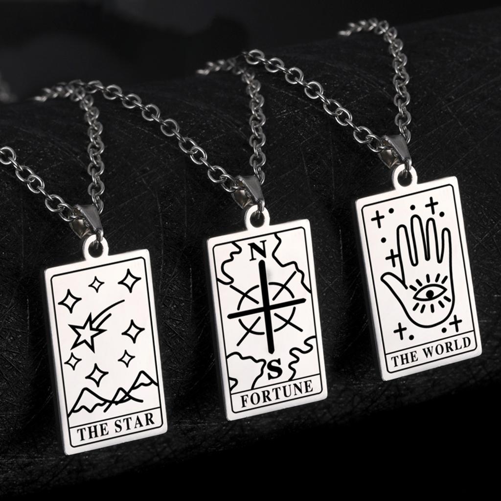 Cazador Tarot Cards Necklace The Star World Fortune SUN Moon Tarot Neck Chain Stainless Steel Vintage Punk Jewelry for Women Men