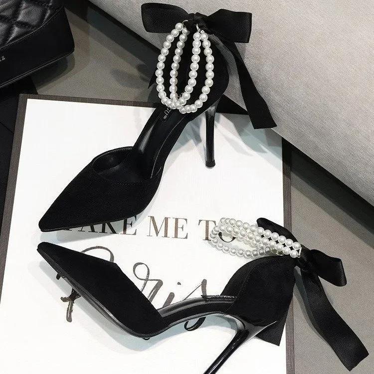 Fashion Women's 7cm/9cm High Heel Shoes New Black String Beads Pointed Toe Thin Heel Shoes for Women Party Wedding Women's Heeled Shoes