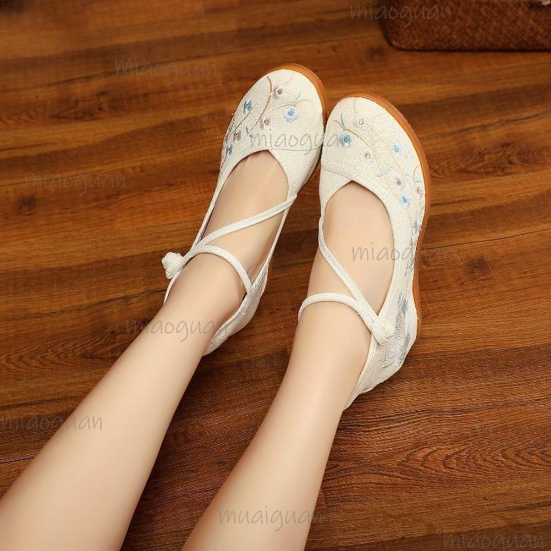 Fashion Chinese Style Women's Woven Shoes Embroidered Flower Women Wedge Pumps High Top Hidden Heel Ankle Strap Casual Canvas Shoes 41