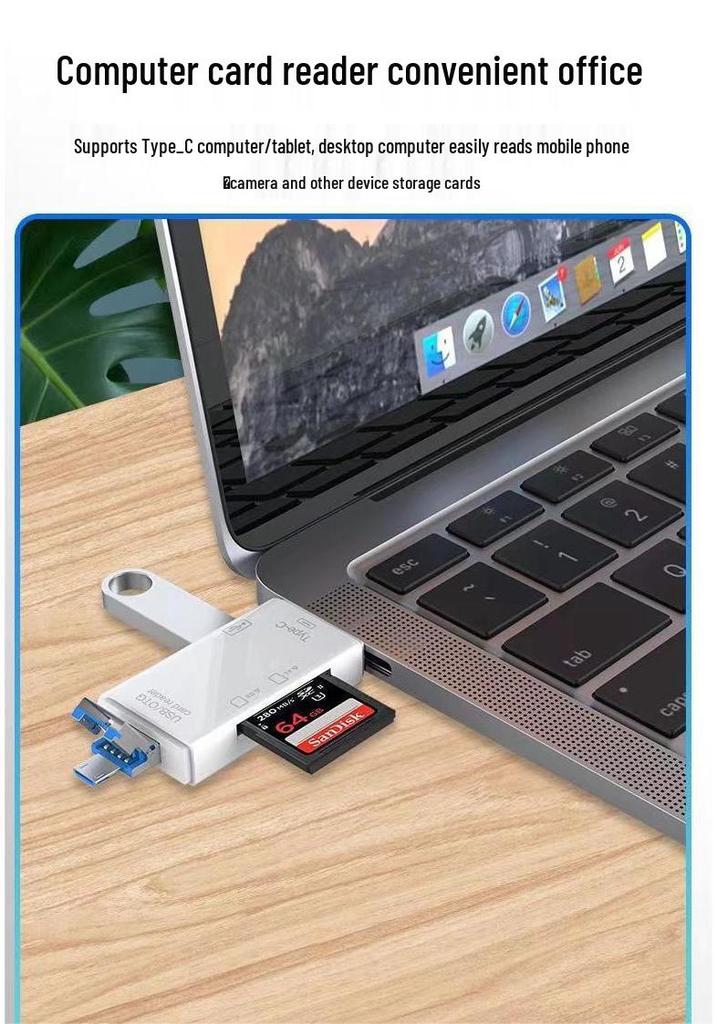 Six-in-One Type-C Multifunctional Card Reader: TF/SD USB Adapter for Computer & Phone