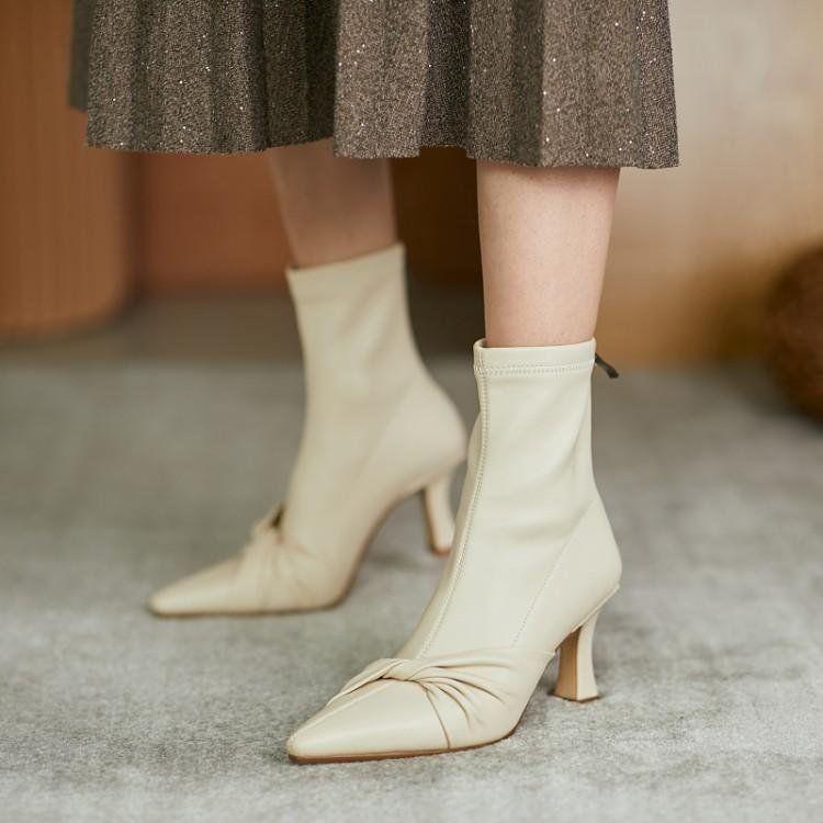 Thin Heel High Heel Thin Boots Women's Bow 2025 Autumn and Winter New Korean Version Elastic Rear Zipper Middle Heel Short Boots Women