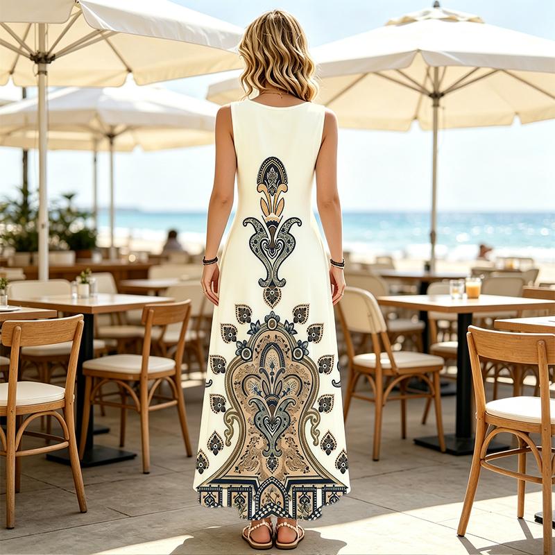 A-Line Maxi Dress,Sleeveless Paisley Pattern,Relaxed Fit Soft Fabric,Elegant Design for Daily Casual,Parties & Travel Photos,Versatile Fashion