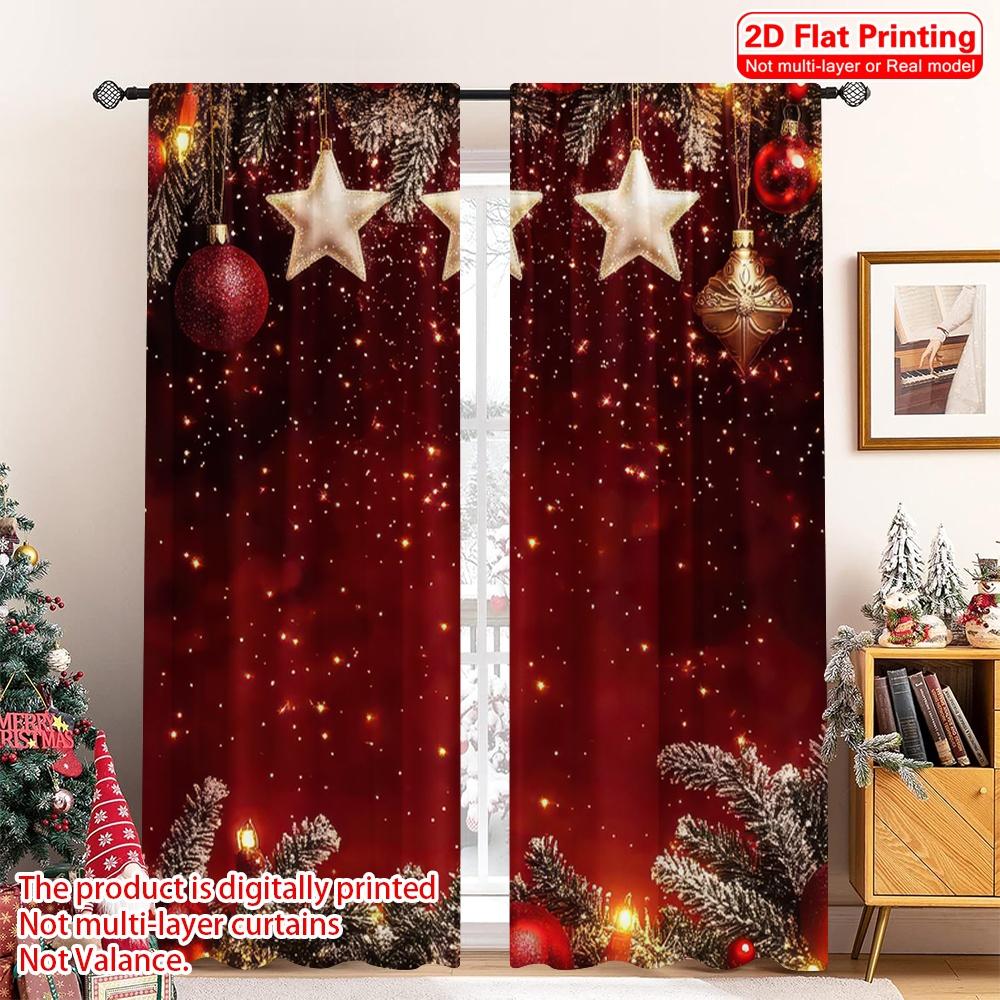 

Set Of 2 Flat Printing Merry Christmas Scene Curtains Snowflake Red Ball Venus Happy New Year Polyester Without Made W100*H70(CM)-Grommet top&1PCS