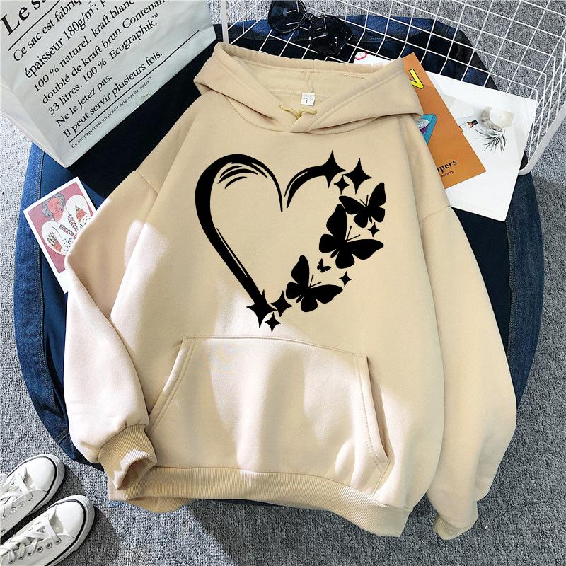 Combination of Love and Butterfly Pattern Long Sleeve Hoodies Women's Trendy Pocket Sweatshirt Vintage Y2k Hooded Clothing