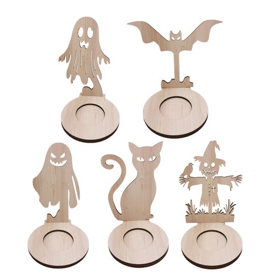 Halloween Candle Holder Wooden Holder, Silhouette Ghost/Bat/Scarecrow/Bat Bat Shadow Casting Tealight for Home Table Fireplace Decor Black Cat Base