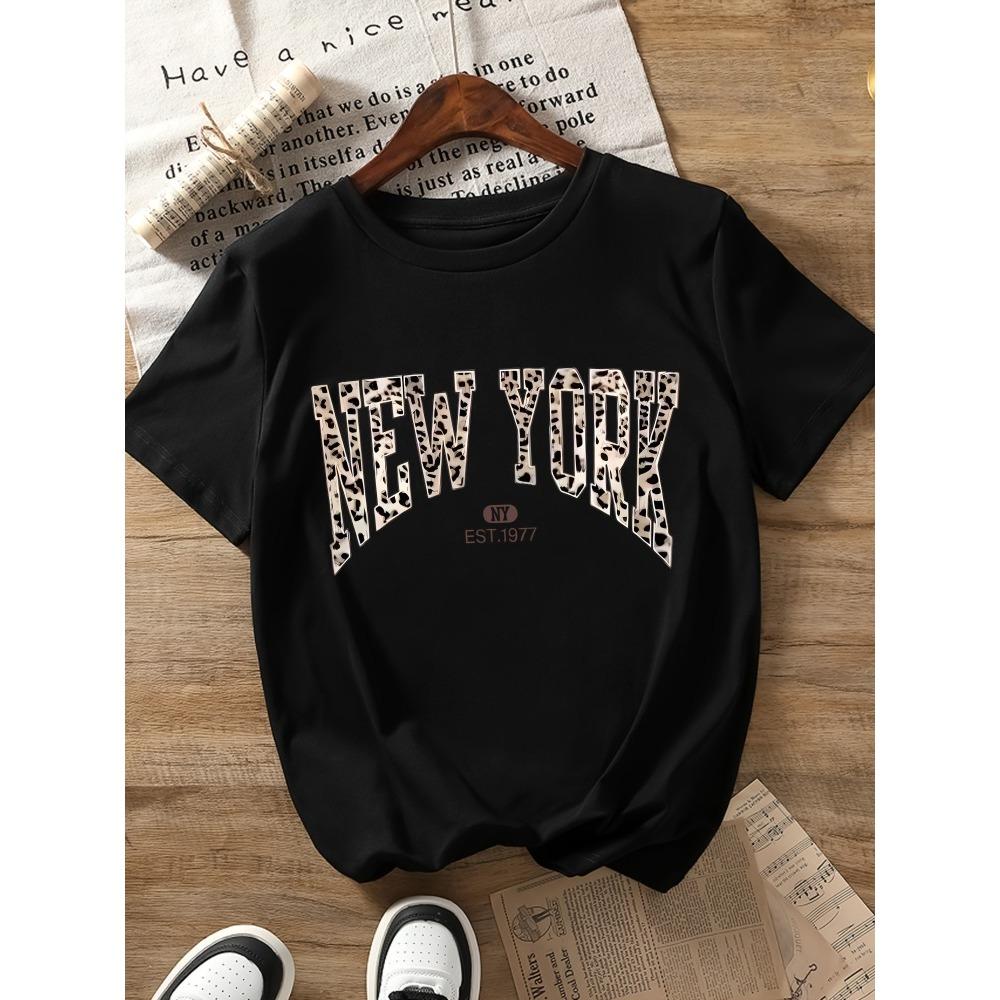 

New York Pattern Printed Leopard Print Letter Design Women s Casual Short Sleeve Round Neck T-Shirt Four Seasons Versatile Top M