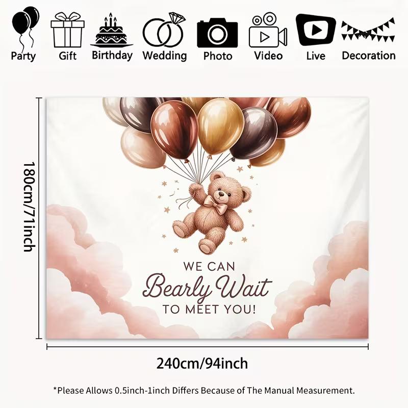 2D Neutral Teddy Bear Baby Shower Backdrop Pink Clouds & Balloons Photo Booth Background