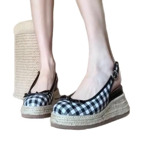 Retro Red Mary Jane Single Shoes Women's 2025 New Summer Plaid Wedge Head Sandals High Heel Half Slippers