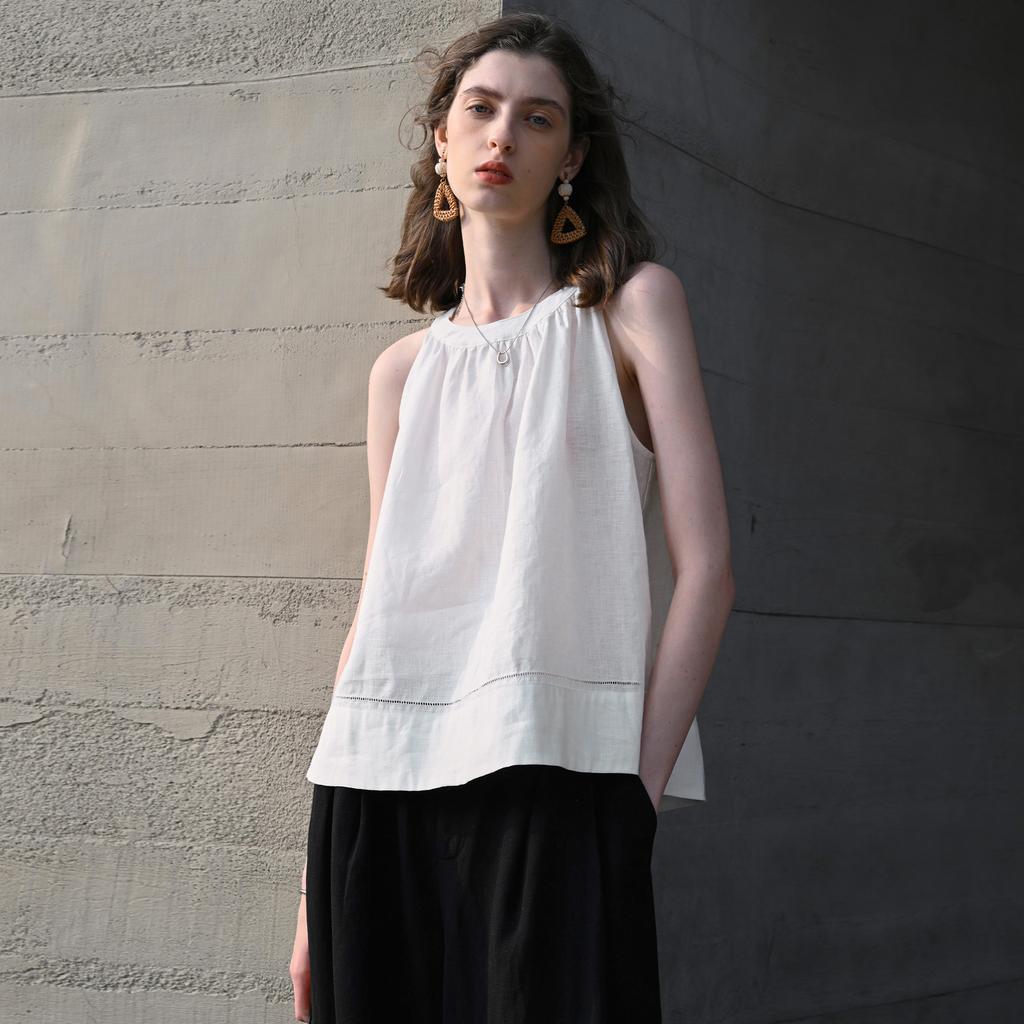 Pure Linen Neck Top Summer Design Round Neck Sleeveless Vest French Temperament Commuter A-pendulum Halter Top