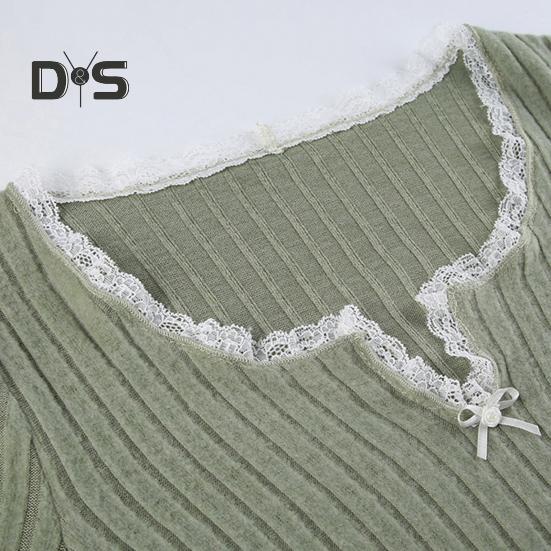 Women Tops V-Neck Lace Stitching Long Sleeve Irregular Hem Pullover Tops Solid Color Ribbed Slim Fit Cropped Tops