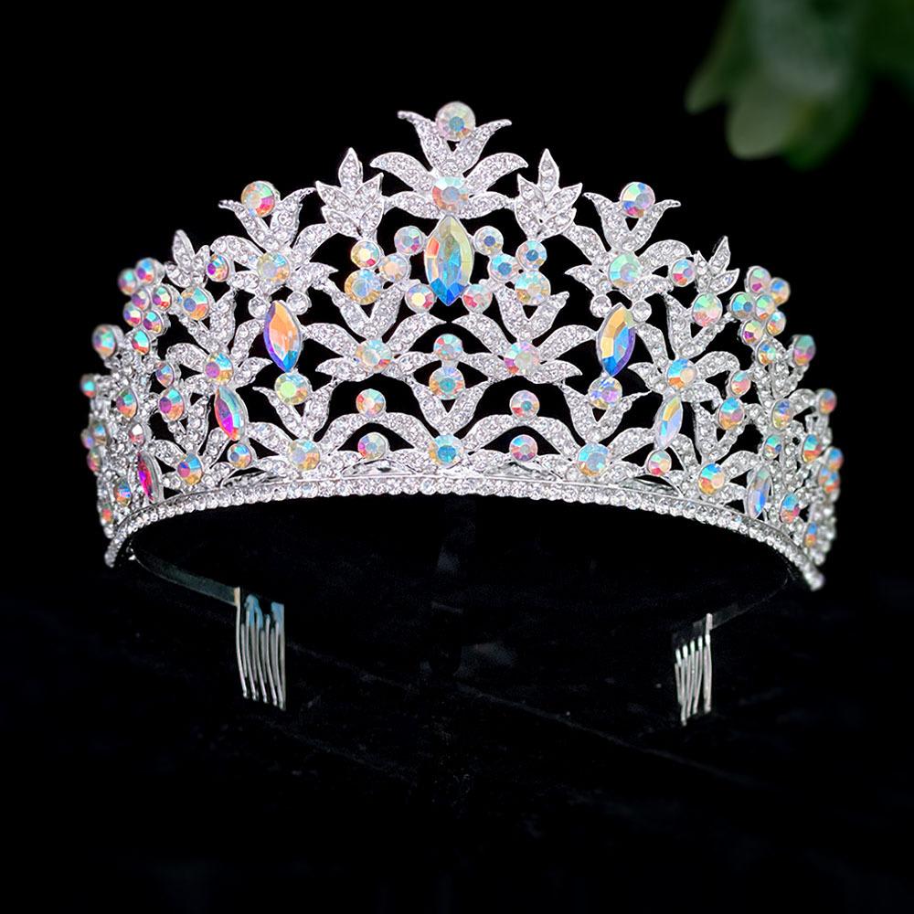 New Bride's Crown Silver AB Ribbon Headband Large Crown Crystal Water Diamond Exquisite and Luxurious Bride Accessories