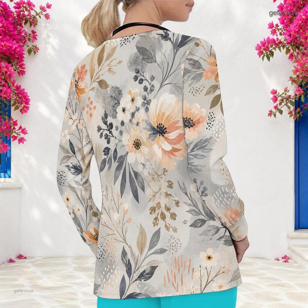 Aquarell-Blumenprint V-Ausschnitt Langarm Damen Krankenschwester Arbeitskittel Weich Atmungsaktiv Medizinische Gesundheitsversorgung Arbeitsbluse Mit Taschen