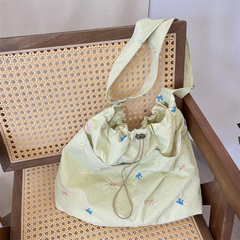 Spring and Summer New Fresh and Versatile Embroidered Bow Shoulder Bag Plaid Underarm Bag Lazy Canvas Bag