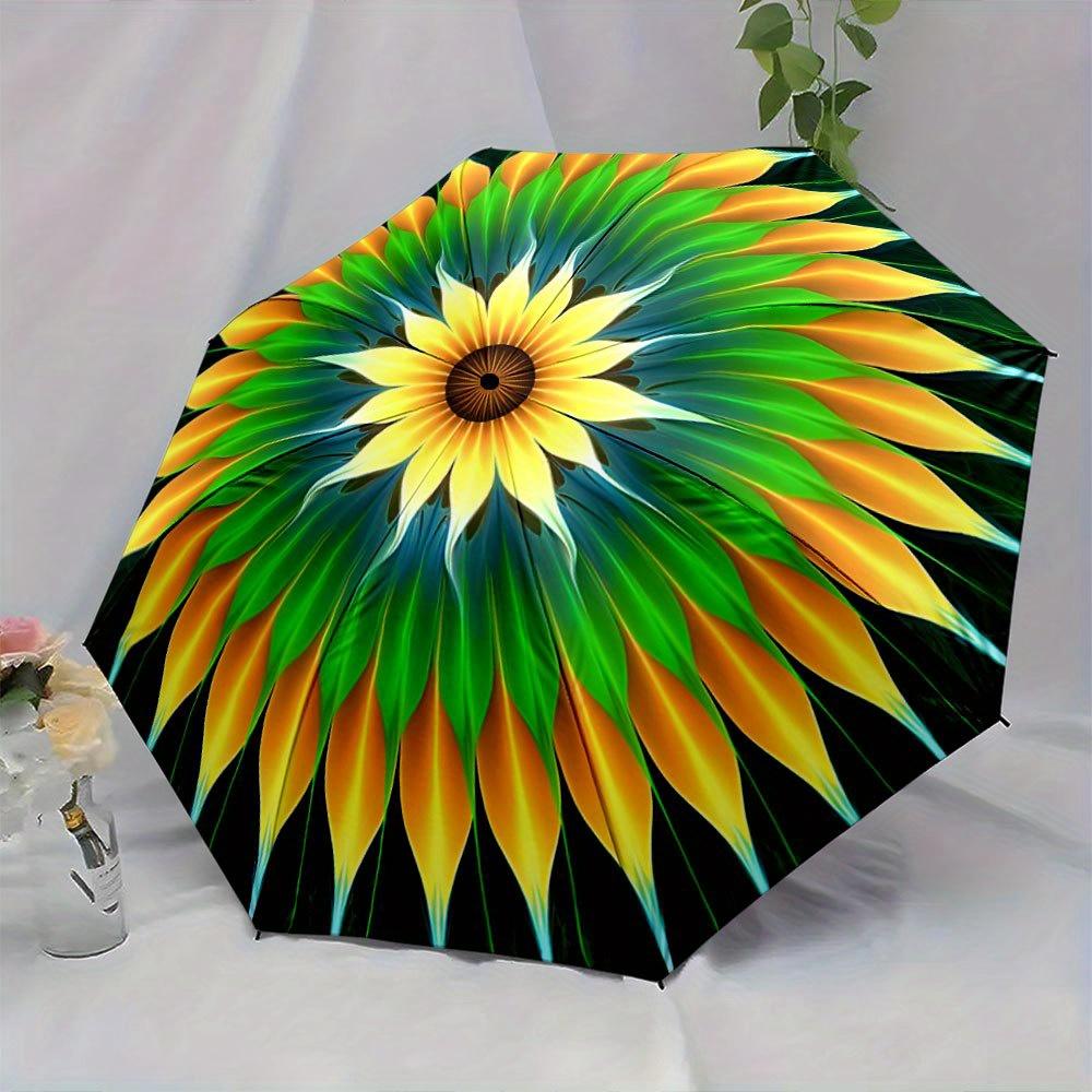 Automatic Open/Close Folding Umbrella with Mandala Pattern - Compact Travel Umbrella, Windproof 8-Rib Shaft, Lightweight & Por