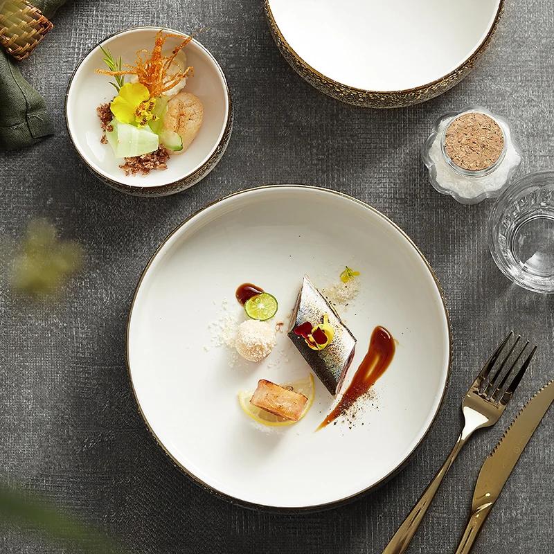 Ceramic Round Tableware Household High-foot Bowl High-end Restaurant Salad Fruit Bowl Artistic Conception Dish Fusion Dish