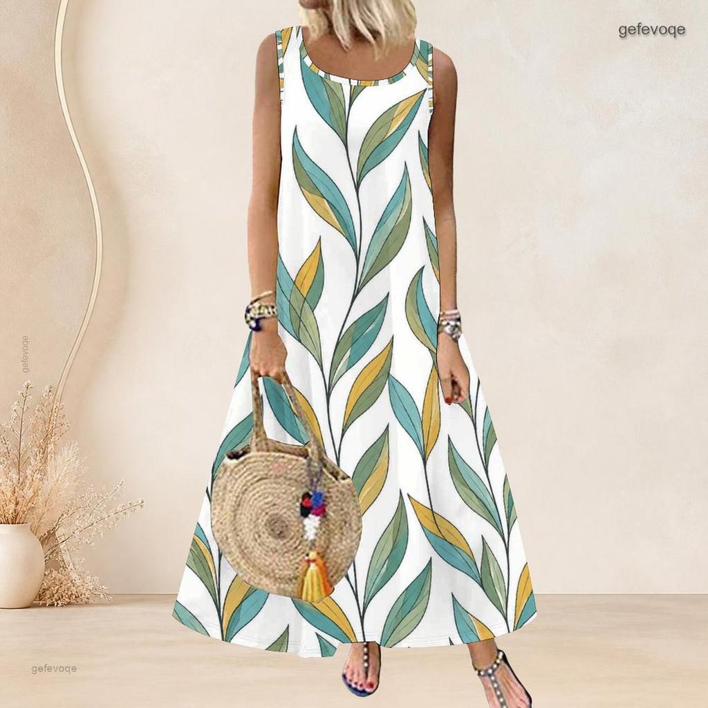 Women Plus Size Scoop Neck Sleeveless Tropical Leaf Printed Green A Line Long Dress
