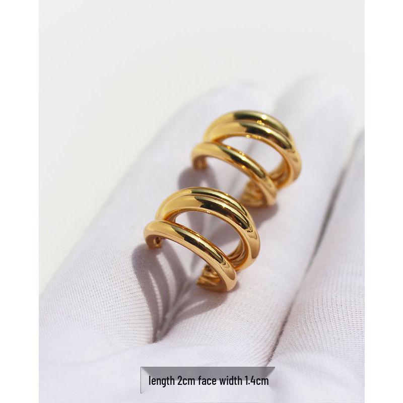 Real Gold-Plated Copper Crazy Sister Classic Three-Tube Earrings: Women's C-Shaped Hoop Silver Needle 300