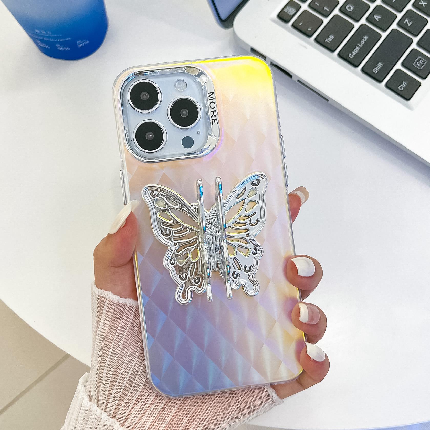 

For iPhone 15 Pro Max Phone Case IMD Electroplating PC+TPU Cover with Butterfly Kickstand AK5