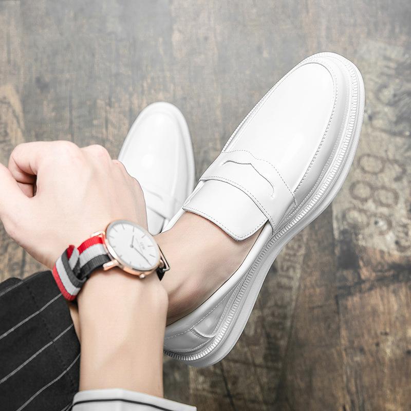 9502 White Men's Casual Men's Shoes Overalls Men's Shoes Glossy Thick-soled Loafu Doudou Shoes Men's Studio Photography Small Leather Shoes