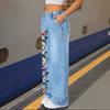 Light blue vertical row colorful butterfly printed wide-leg jeans, fresh girl casual trousers spot wholesale