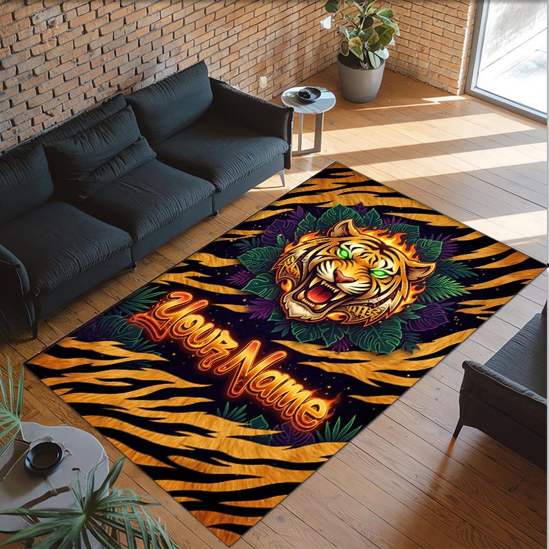 Leopard Theme Crystal Velvet Floor Rug Personalized Custom Name Text Warm Carpet Home Decoration