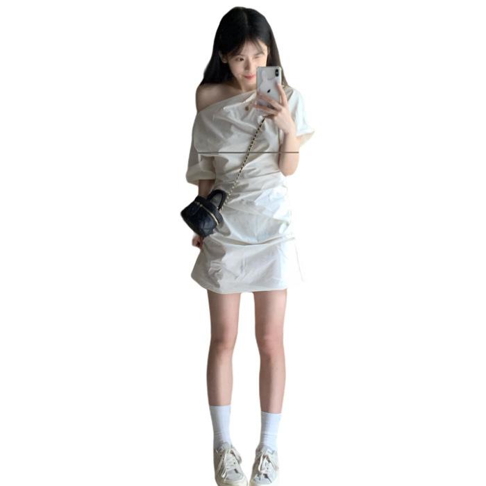 

Summer French Elegant Slash Shoulder Dress Women s Pleated Waist Exquisite Unique Skinny Design Short Skirt S