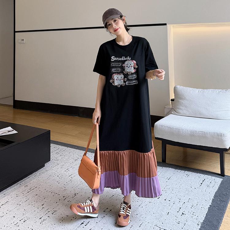 DIMANAF 2025 Sommer Übergröße Kleid Damen Gespleißtes Lässiges Vintage Plissee Kleid Basic Lockeres Langes Kleid