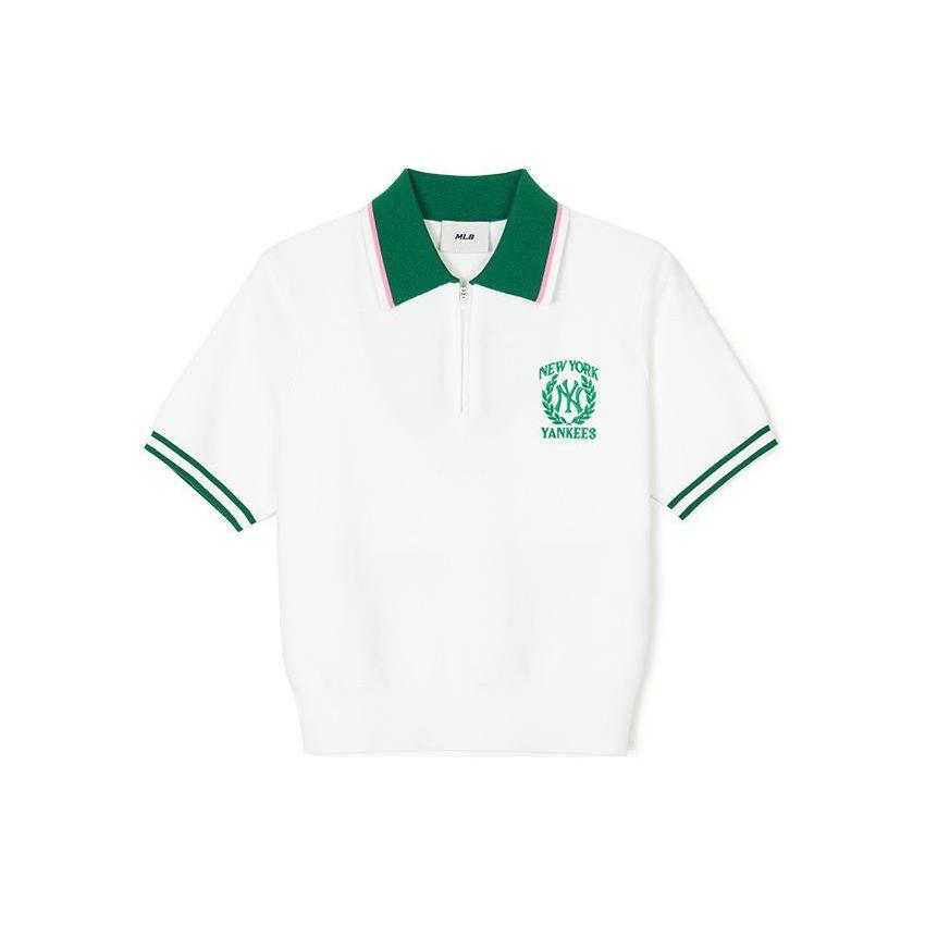 MLB College Style New York Yankees Striped Short Sleeve Zip Polo Women Tops Ivory 3FKPV0543-50IVS