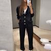 Women's Casual Solid Color Cardigan Jacket & Wide-Leg Pants Two-Piece Sportswear Set - Autumn/Winter Collection
