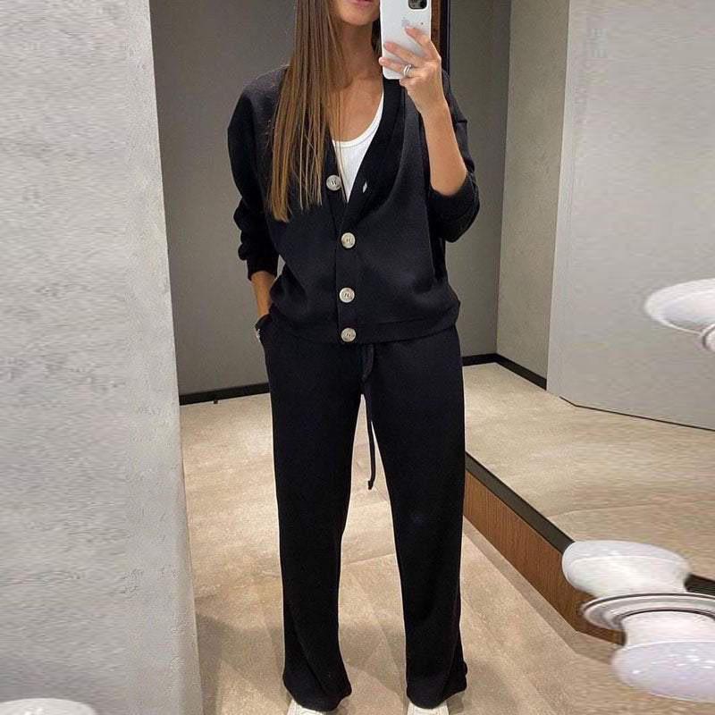 Women's Casual Solid Color Cardigan Jacket & Wide-Leg Pants Two-Piece Sportswear Set - Autumn/Winter Collection