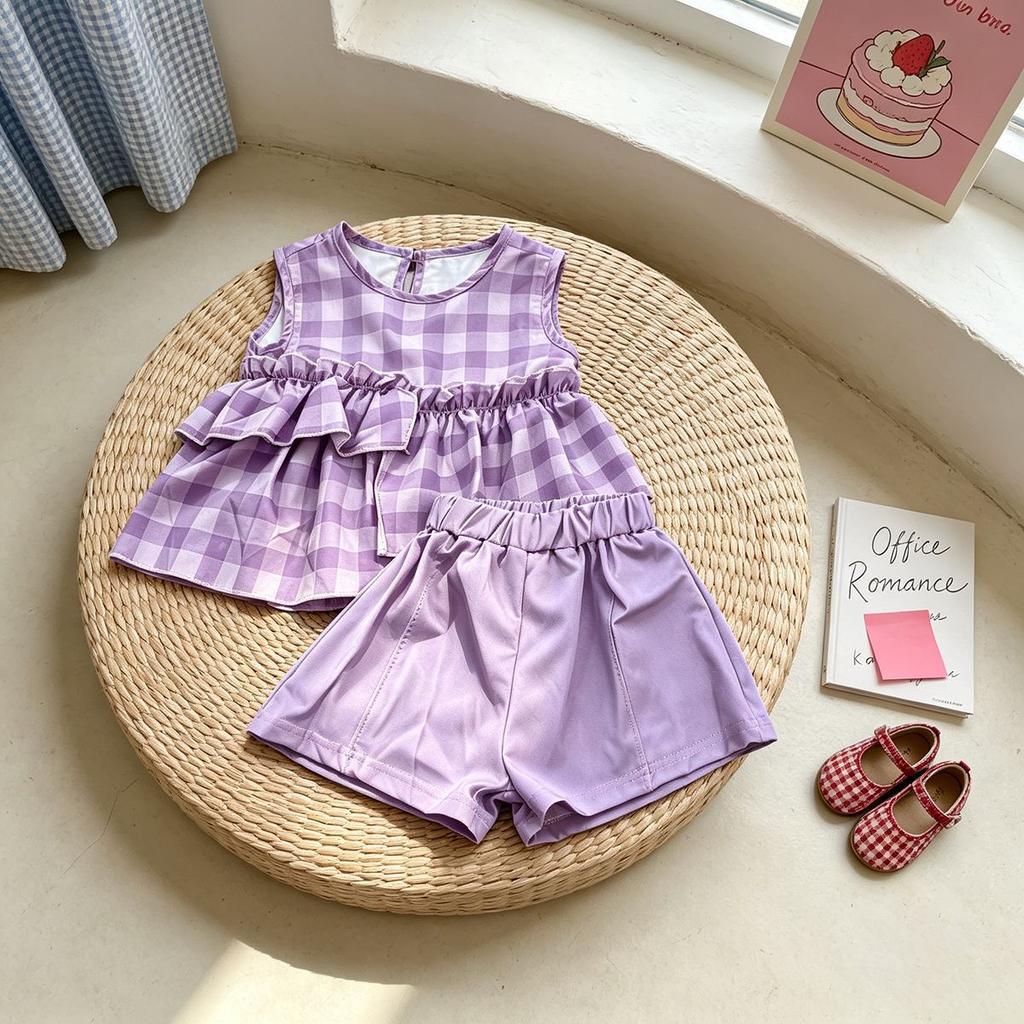 Girls Block Plaid Sleeveless Top And Shorts Set Stylish Two Piece Outfit For Baby Girls Summer Casual Wear