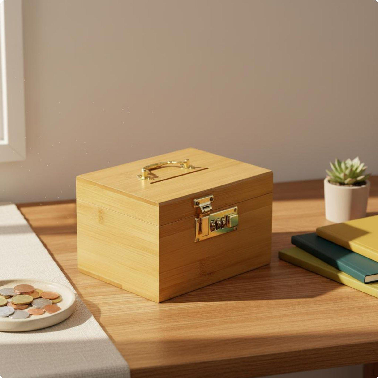 Wooden Piggy Bank with Combination Lock Box Lockable Saving for Adults, Kids