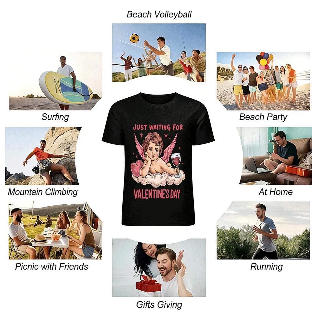 Waiting For Valentine's Day Cupid Wine Heart Print Top Pure cotton T-shirt