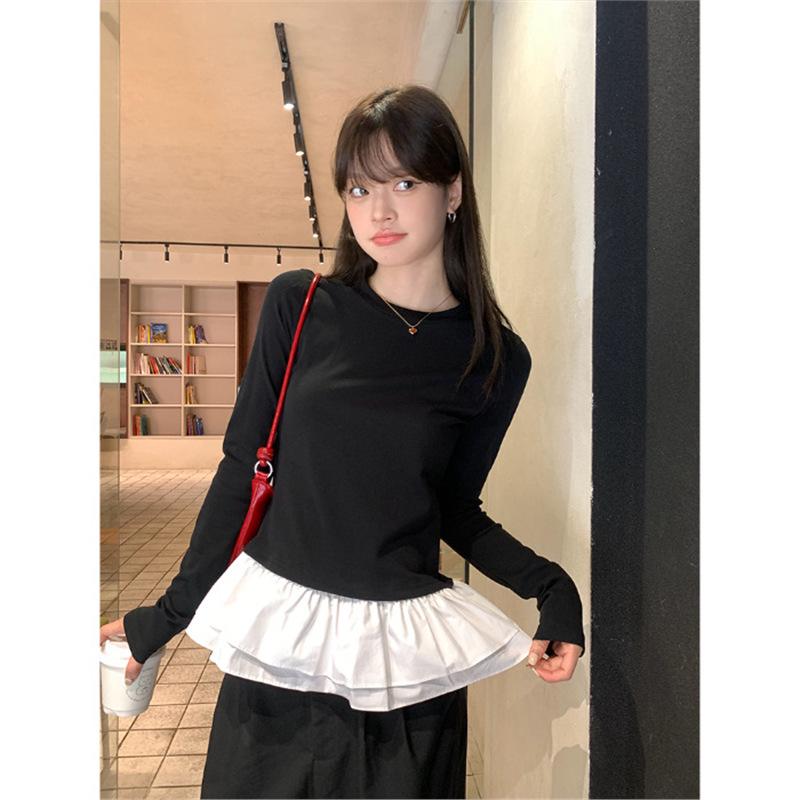 

Женский топ-футболка с длинным рукавом, приталенный, из черного бархата с кружевом в балетном стиле - Коллекция Осень-Зима Small чёрный