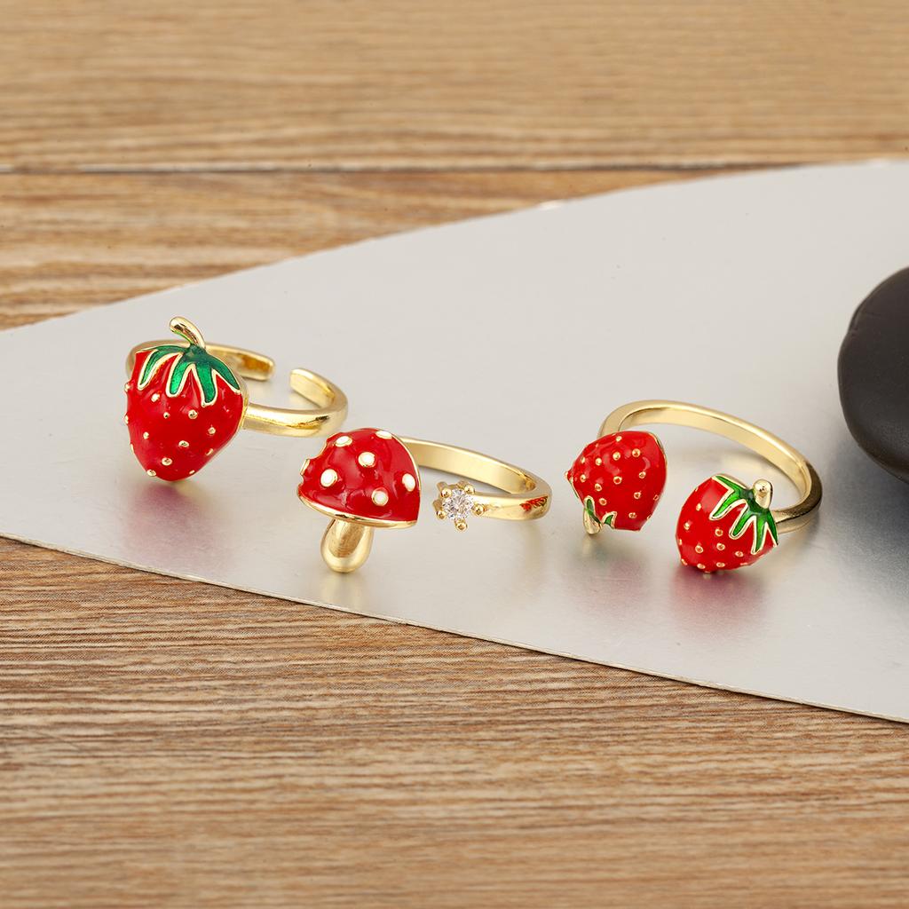 Nidin New Arrival Sweet Cute Strawberry/Mushroom Design Open Rings Adjustable For Women Female Delicate Drip Oil Finger Jewelry