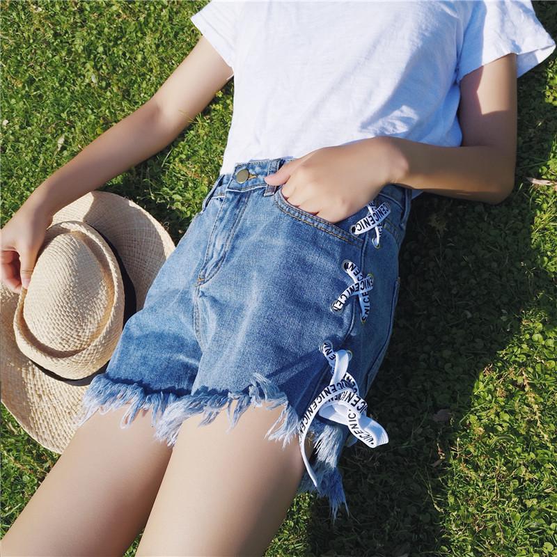 Summer Fashion String Rope Wild Slim Slimming Denim Shorts Women Wide