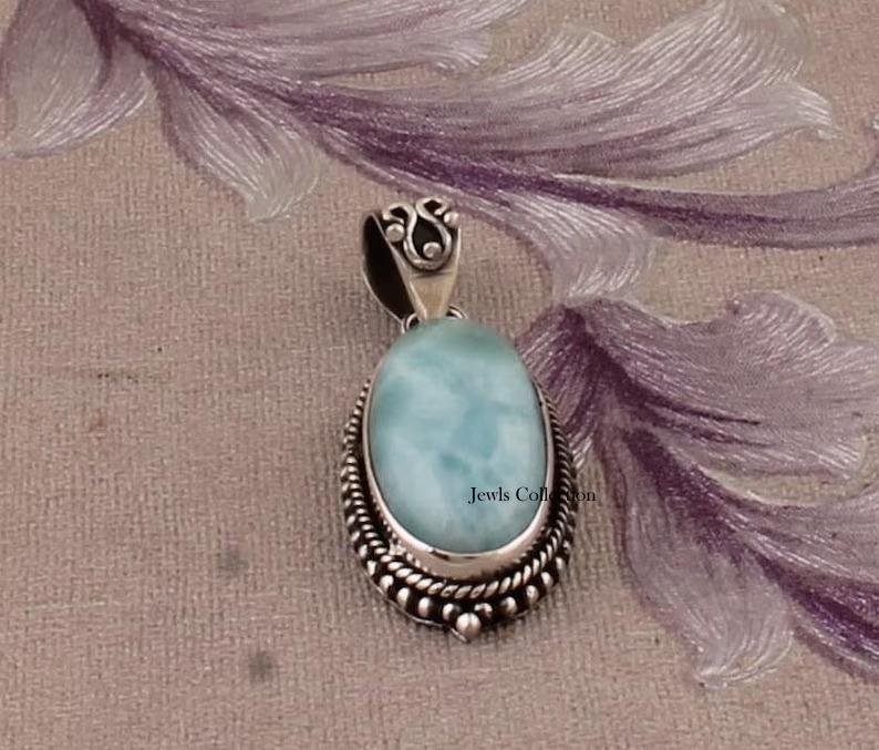 Natural Larimar Gemstone Pendant, Handmade Designer Boho Pendant, Christmas Jewelry, Reiki Pendant, 925 Sterling Silver