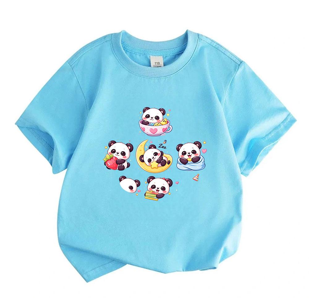Cute Cartoon Panda Print Kids T-Shirt 100% Cotton Short Sleeve Crew Neck Casual Tee for Boys Girls Adorable Sweet Animal Pattern Soft Breathable Summe