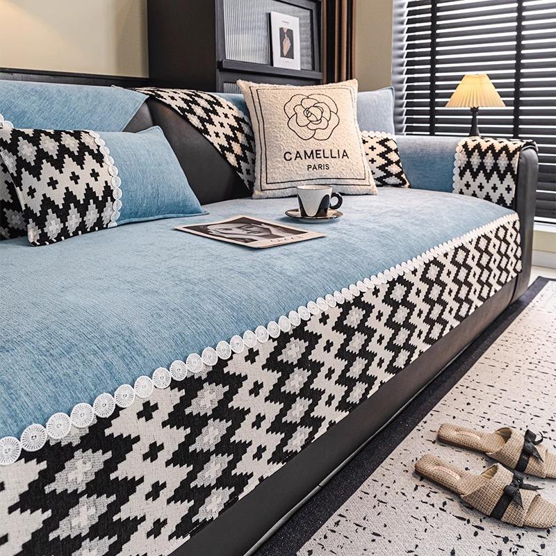 

Premium black and white medieval chenille sofa cushion 2025 new four-season universal non-slip fixed sofa cover 30 * 50Cm pillow cover