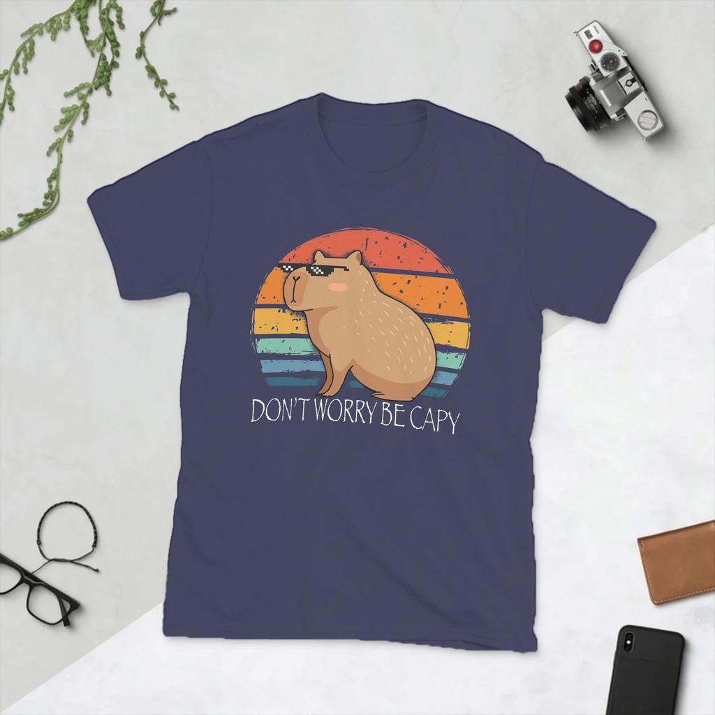 Casual Capybara Dont Worry Be Capy Tshirts For Unisex Crew Neck Pure Cotton T Shirt Short Sleeve Tees Gift Idea Clothing