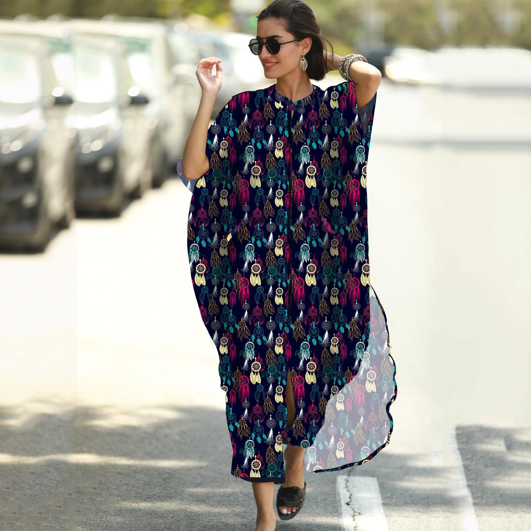 

Пляжна туніка з вишивкою Caftan Beach Cover up Saida de Praia Swimsuit Women Bikini Coverup One Size оксфорд синього кольору