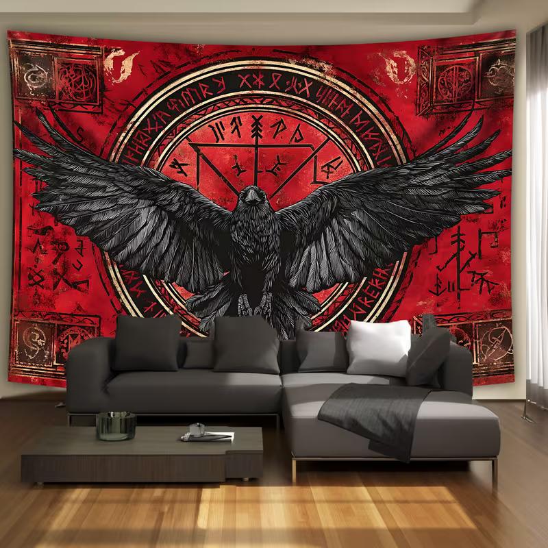 2D Vintage Red Raven Tapestry, Viking Runes Black Crow Wall Hanging 47.2x31.5inch/120*80cm