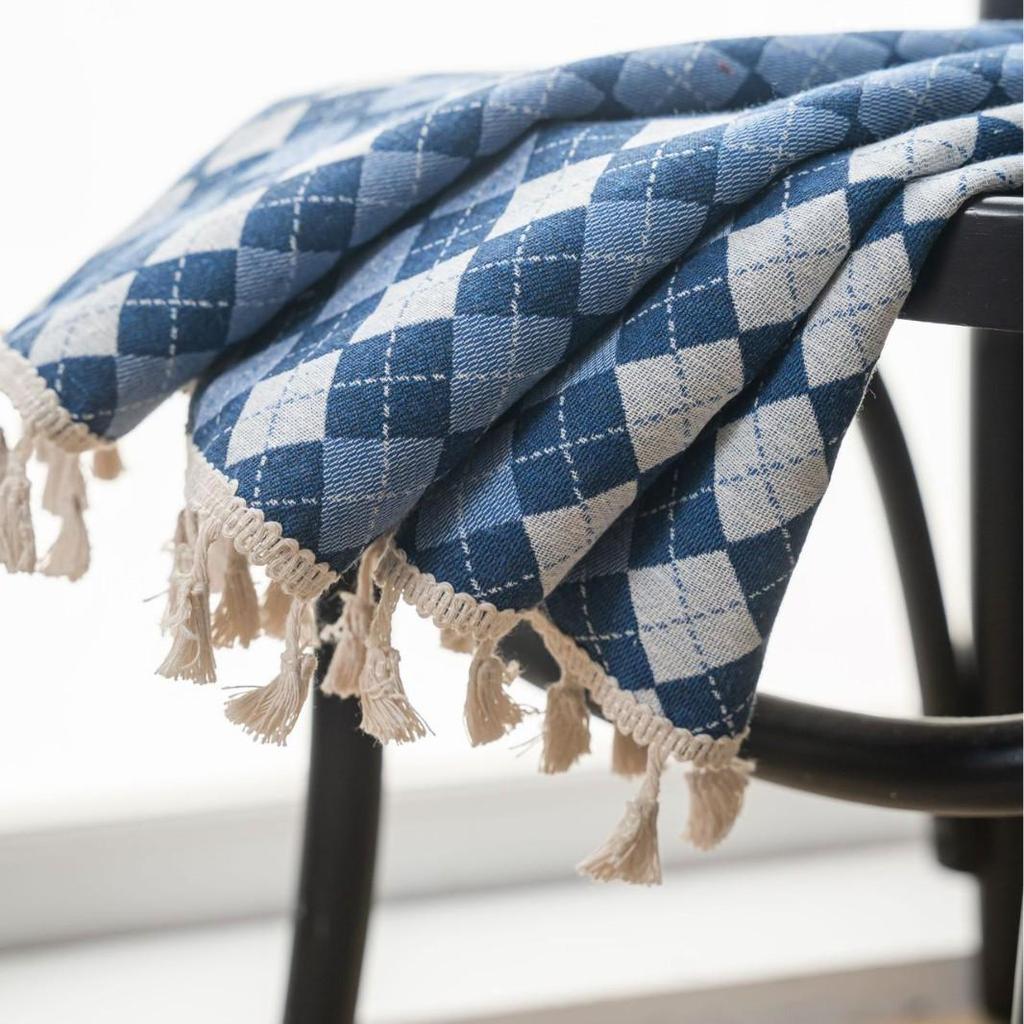 Yimanqiyun Blue French Grid Jacquard Semi-Blackout Bay Window Curtains