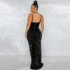 European & American Spaghetti Strap Sequin Mesh See-Through Irregular Slit Dress for Women