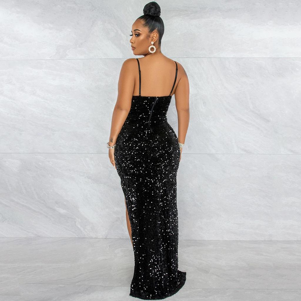 European & American Spaghetti Strap Sequin Mesh See-Through Irregular Slit Dress for Women