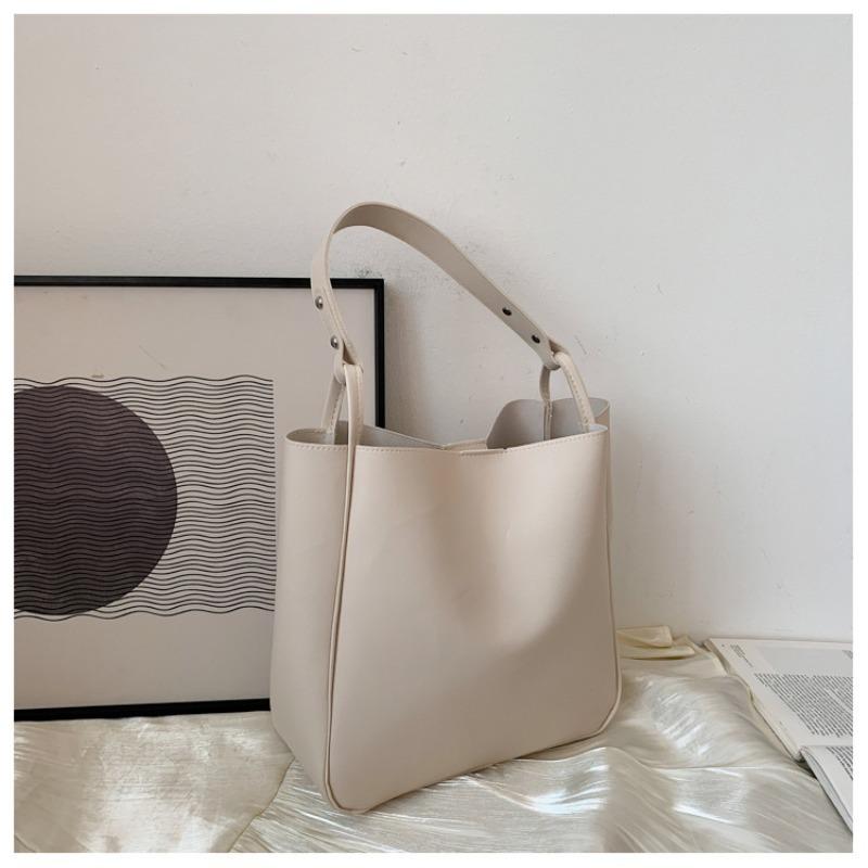 

Simple Women Fashion Bucket Shoulder Bags Solid Color Handbags Retro Large Capacity Tote Bags High Quality Pu Leather Bags Purse білий